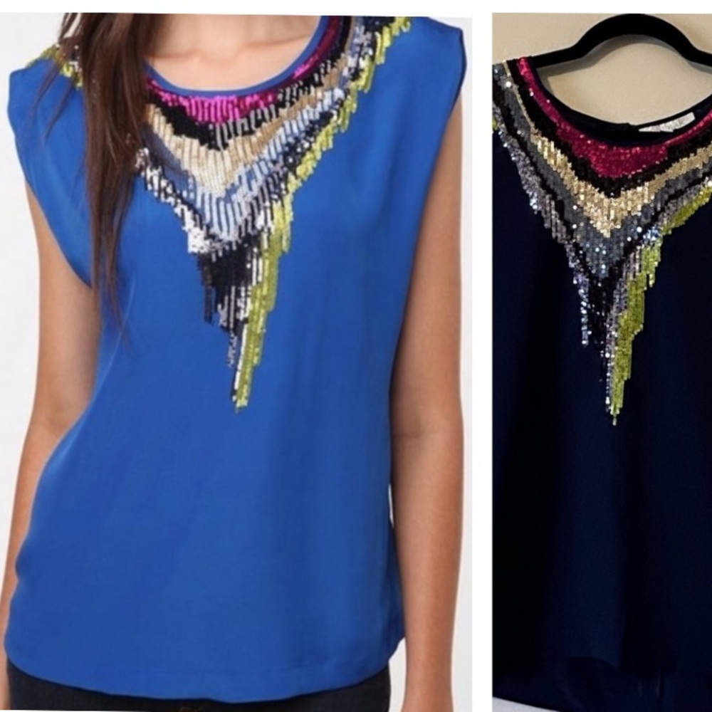 New Olive & Oak Large Navy Blue Cap Sleeve Blouse Top Sequin Bib New With Tag